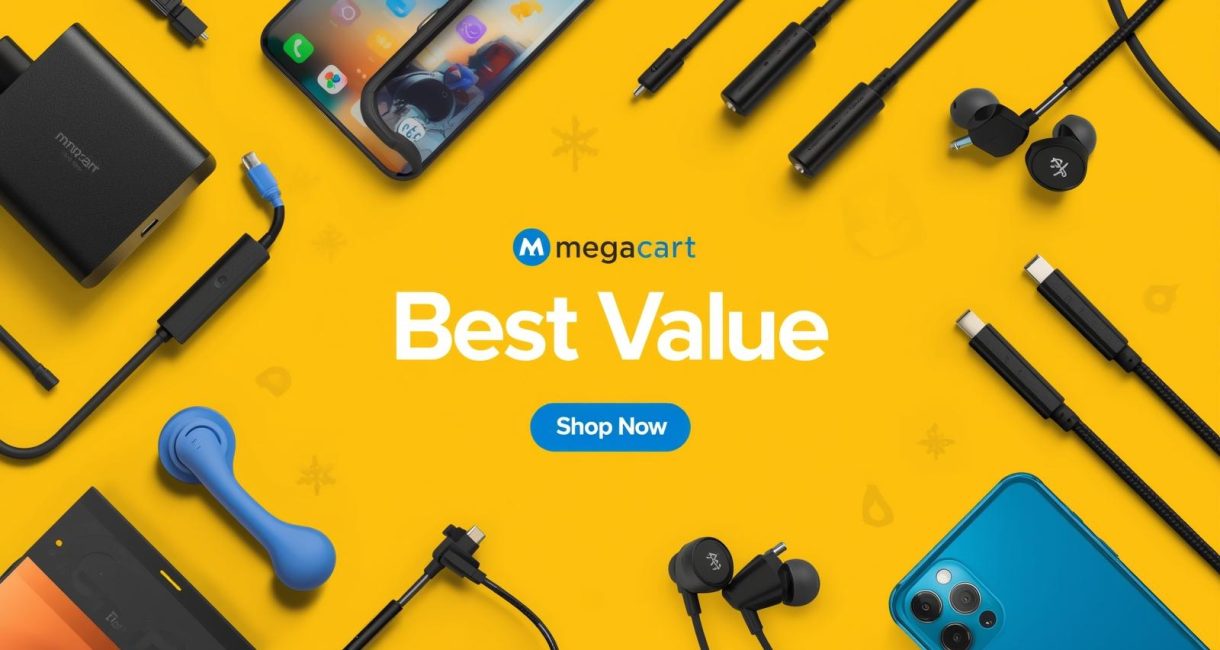 i need image for 1150 by 760 pixel for my new website name is MegaCart electronick items like mobile charger,mobile cable,bluetooth earburds others plaes make atractive banner like best value